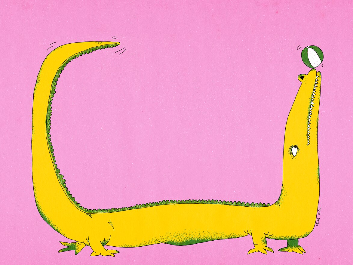 Large yellow crocodile playing with a ball illustration